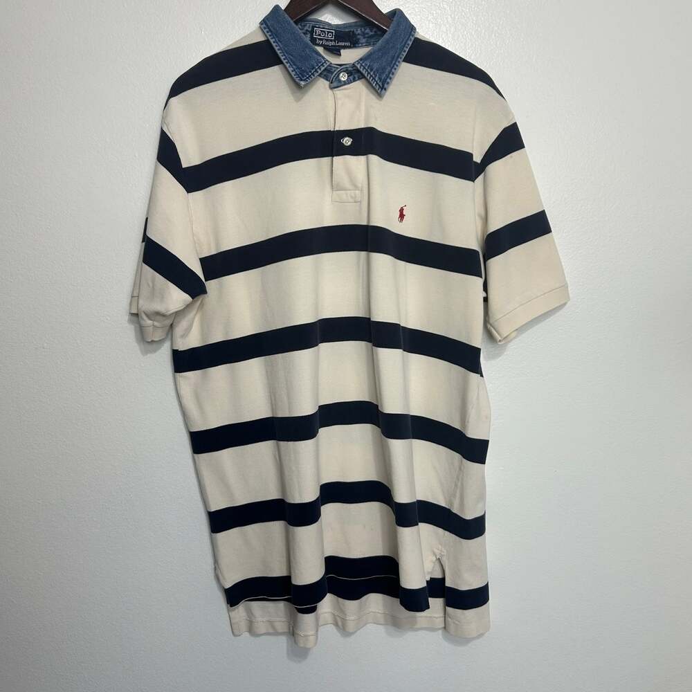 VTG Polo Ralph Lauren Striped Rugby Shirt XL Mens Large Denim Collar Flawed Read